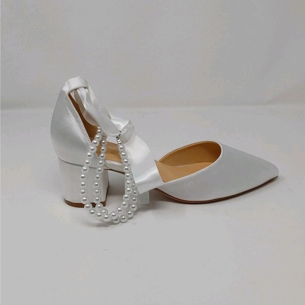 White Satin Bridal Pearl Ankle Strap Block Heel Wedding Pumps Women’s Size 8.5 - Picture 12 of 15